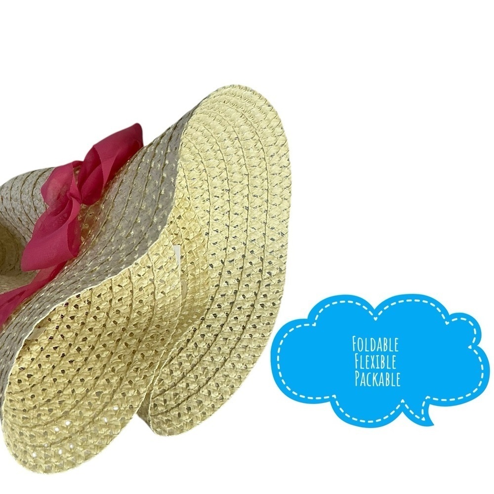 Straw Sun Beach Hat with Wide Brim Boho Chic Pink Coral Ribbon Bow Women OS - Picture 3 of 16